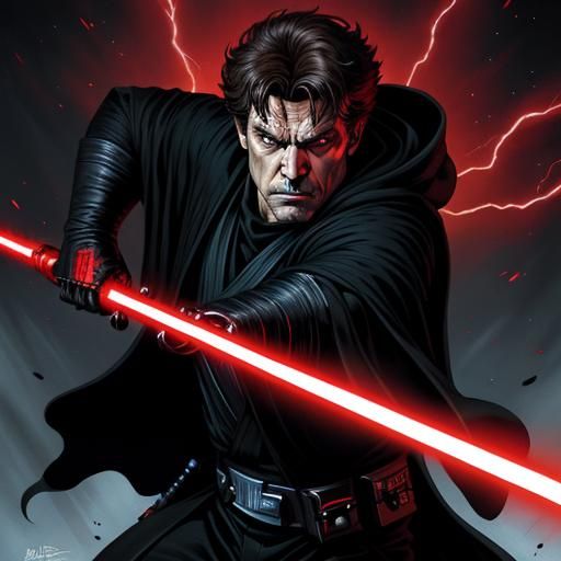 Evil Luke Skywalker with Red Lightsaber, Comic Book Art
