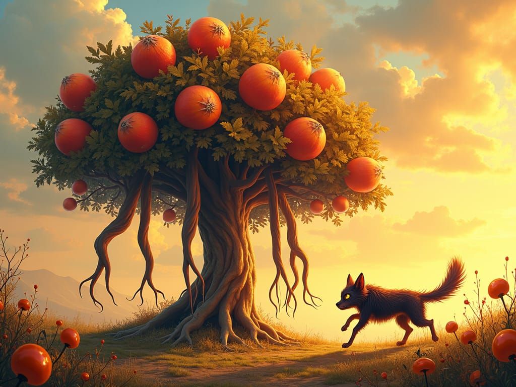 Fox Chasing a Fruit Tree at Sunset