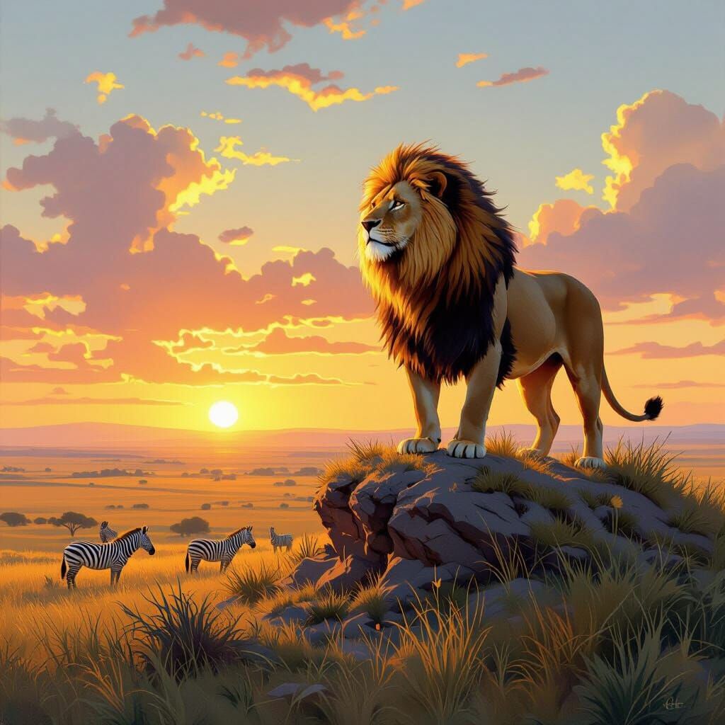 Majestic Lion at Sunset on African Savanna