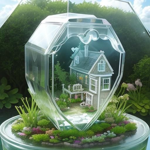 Crystal Heart with Miniature Cottage, Rococo Style