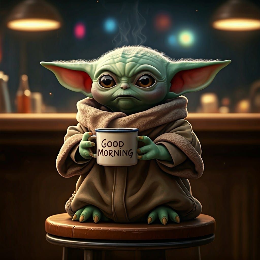 Angry Baby Yoda in Dimly Lit Cantina