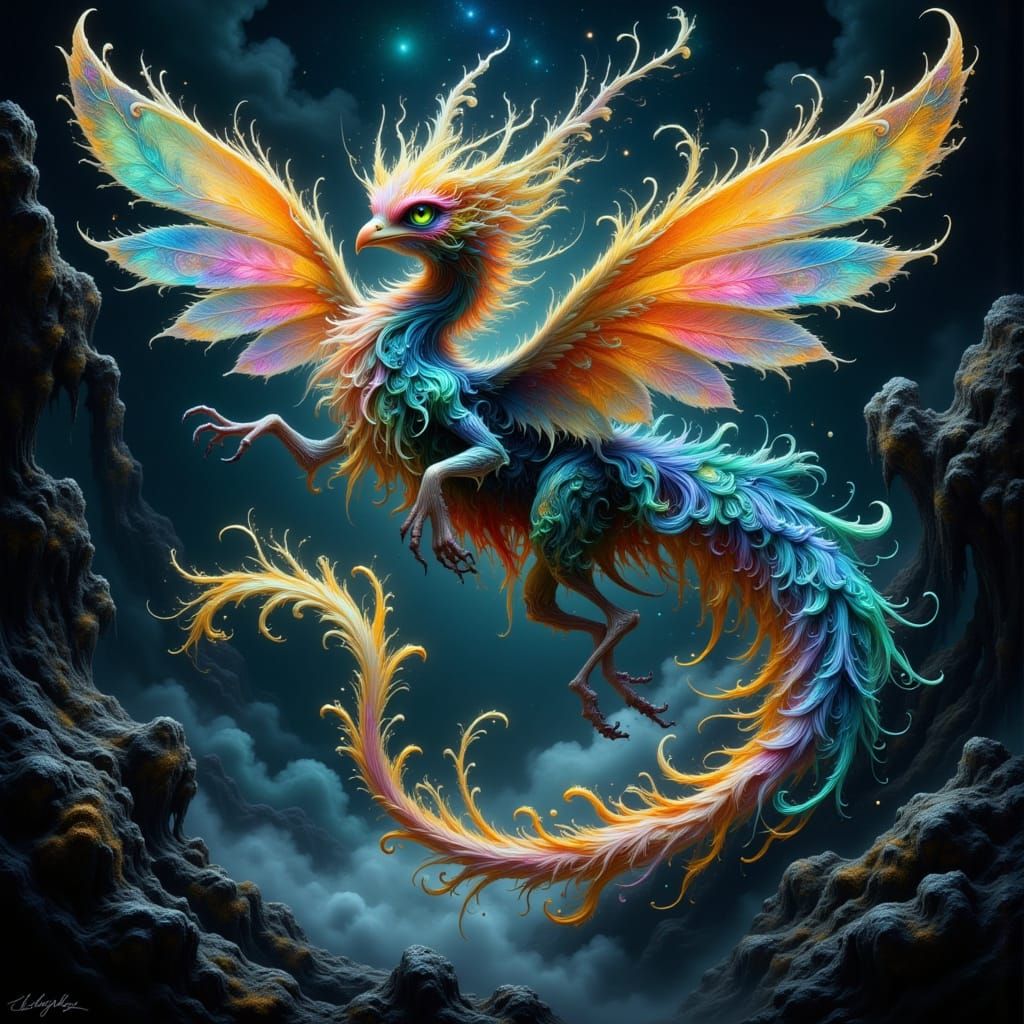 Mystical Creature Floats Above Misty Forest