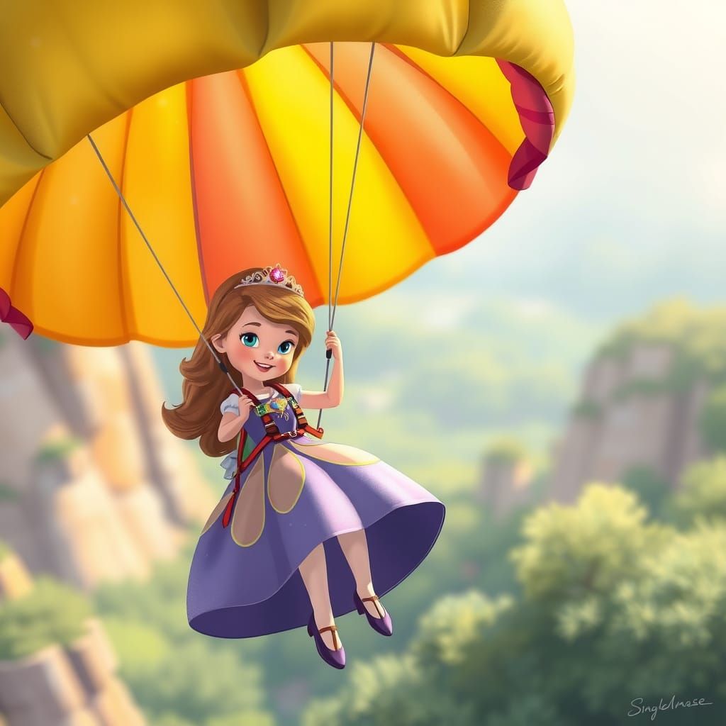 Princess Sofia Skydiving with Vibrant Parachute