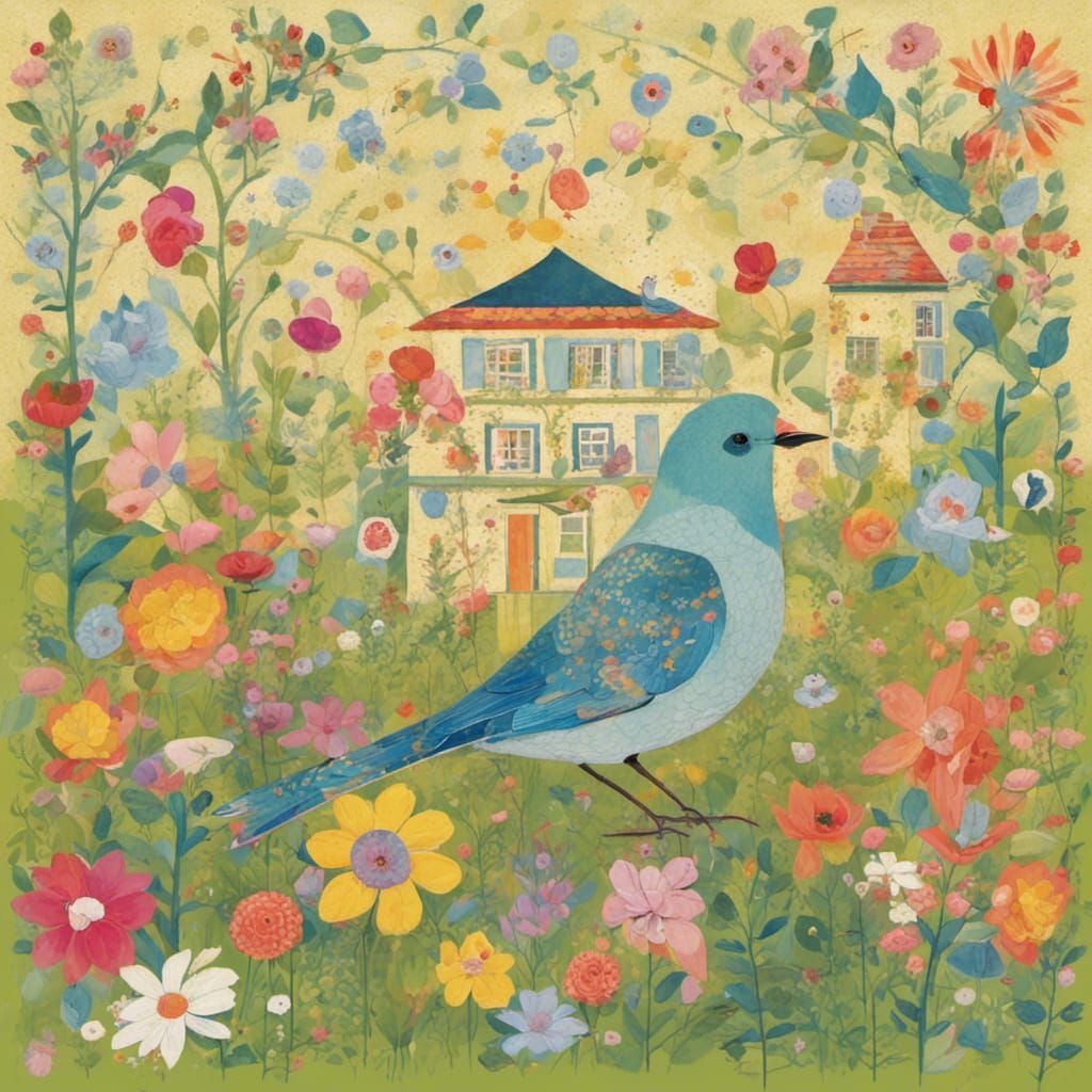 Bird Song in Lush Garden: Pop Art Screen Print