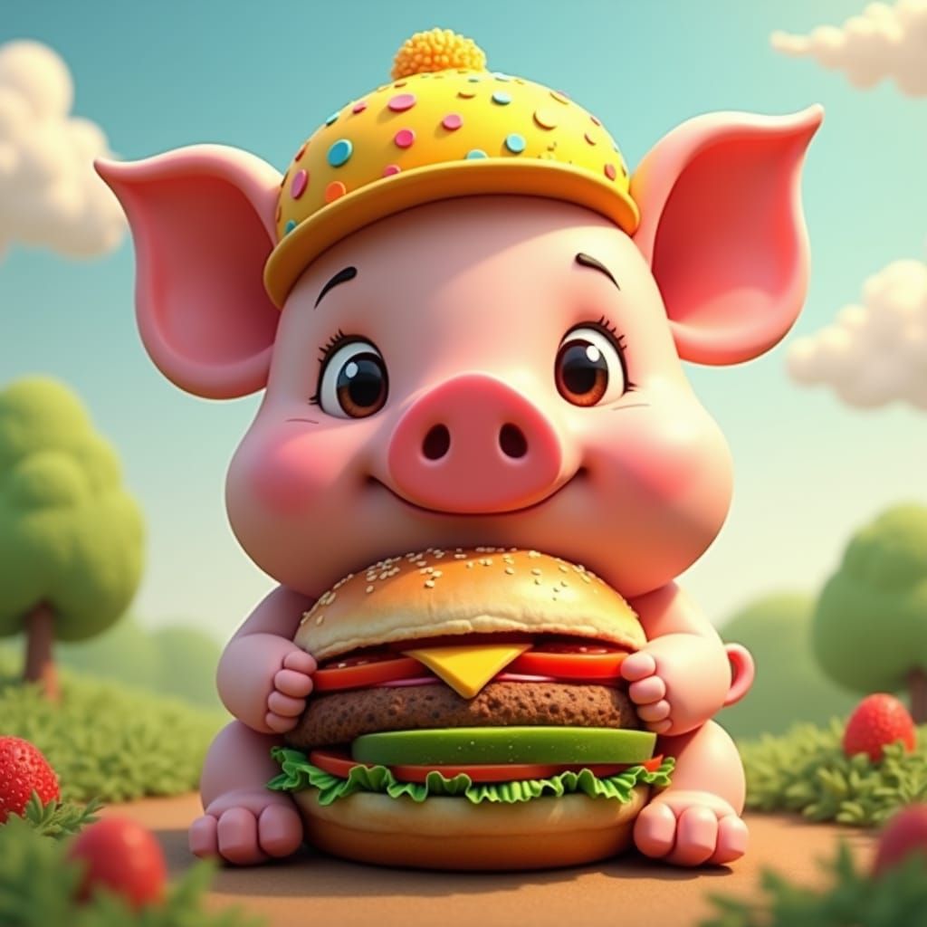 Cute Pig Cradles Vegan Burger in Whimsical Style
