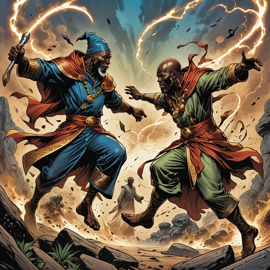 African Wizards Duel in Comic Book Style