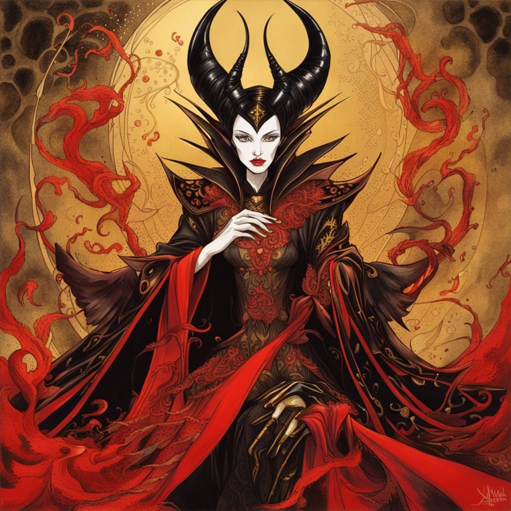 An evil villian Maleficent, gold and red, Alyssa Monk Yoshitaka Amano