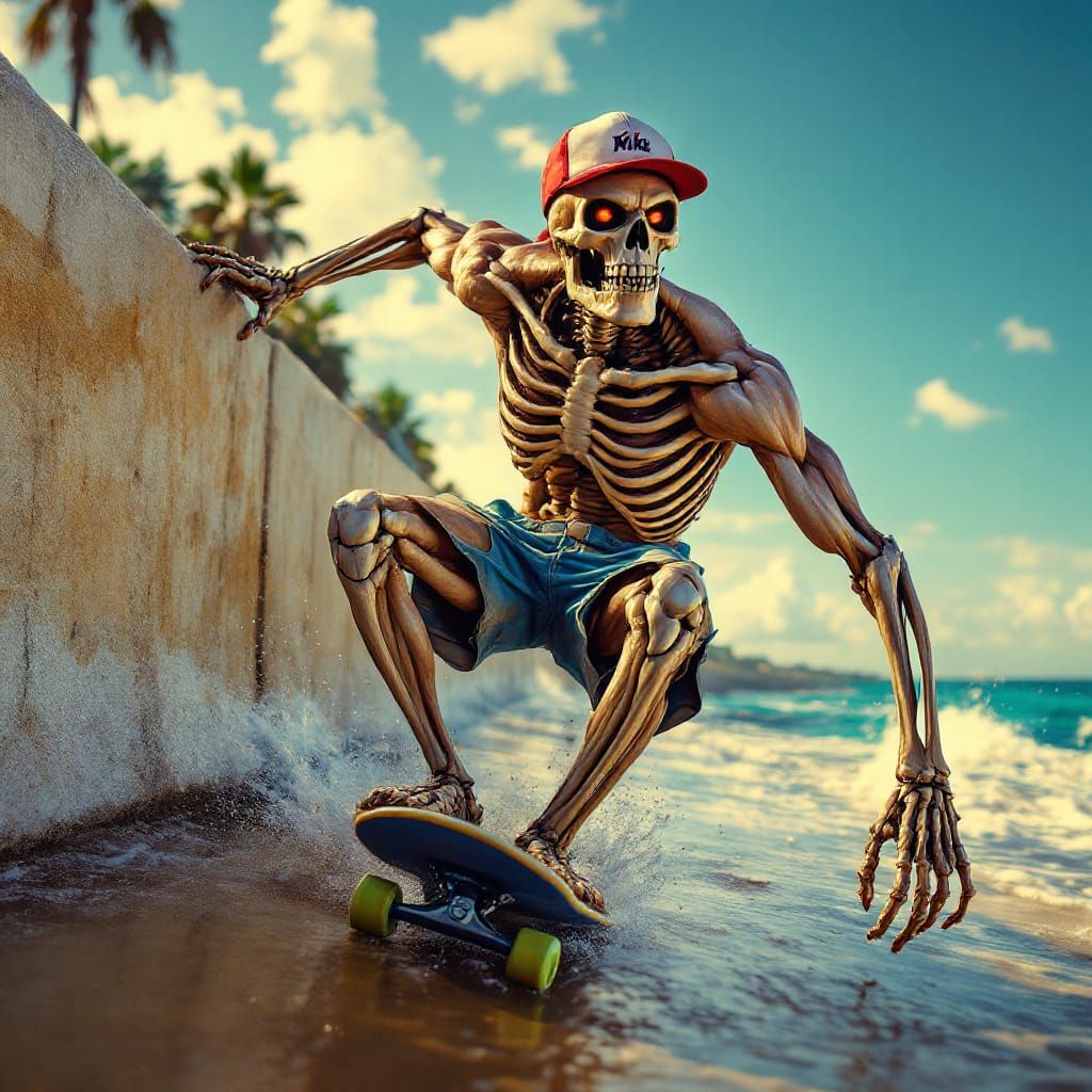 Muscular Skeleton Skateboarder Rides Seawall at Beach