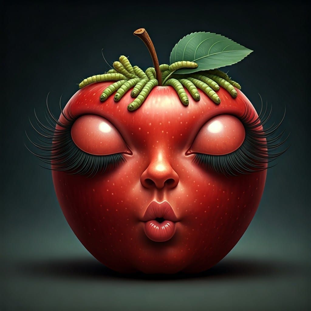 Vibrant Red Apple with Whimsical Details and Kiss