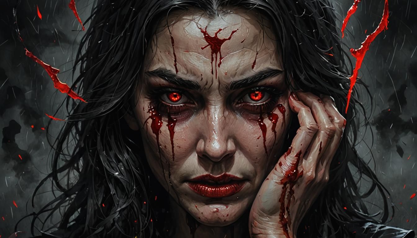 Haunted Woman with Tears of Blood and Hatred