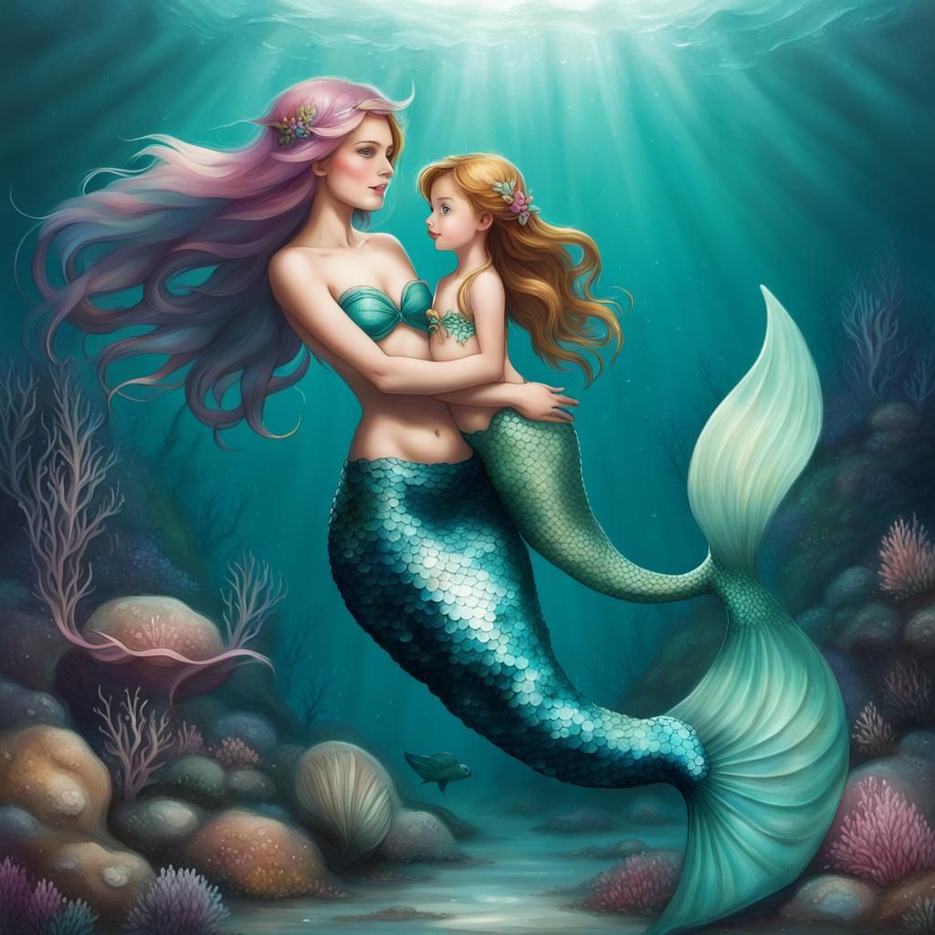 Touching Mermaid and Daughter Underwater Scene