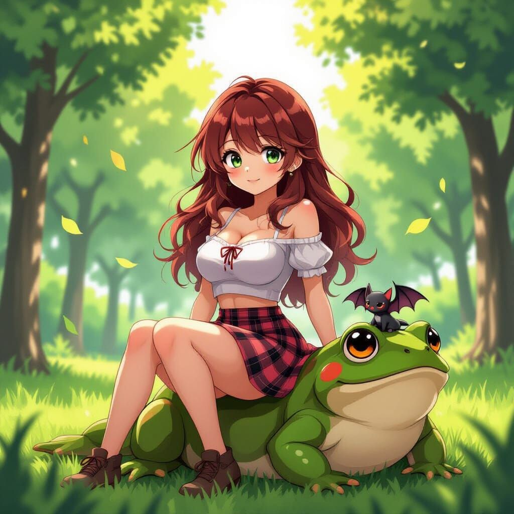 Anime Woman on Frog in Park, Studio Trigger Style