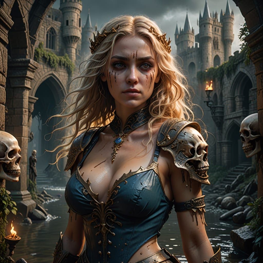 Flooded Castle Corridor: Nymph and Torch in Medieval Setting