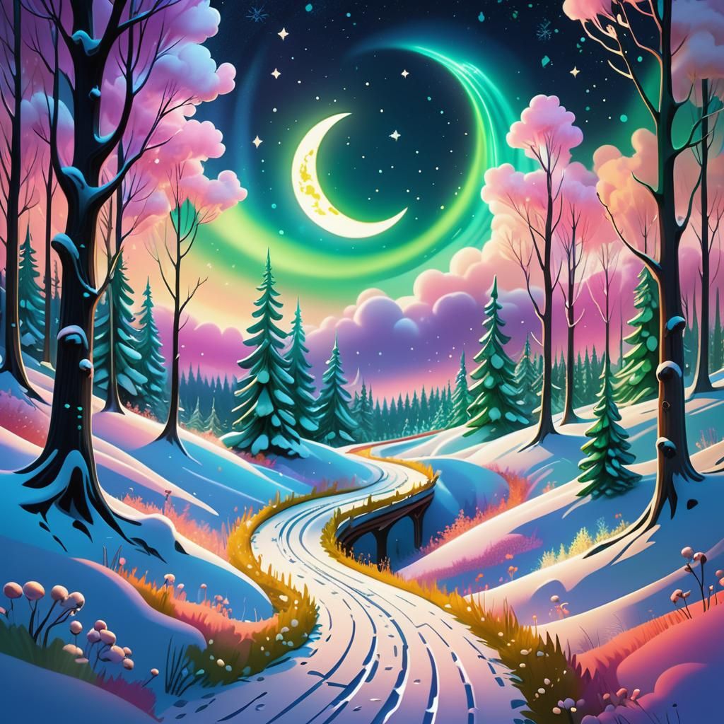Winter Forest Path Under Aurora Borealis: 3D Digital Art
