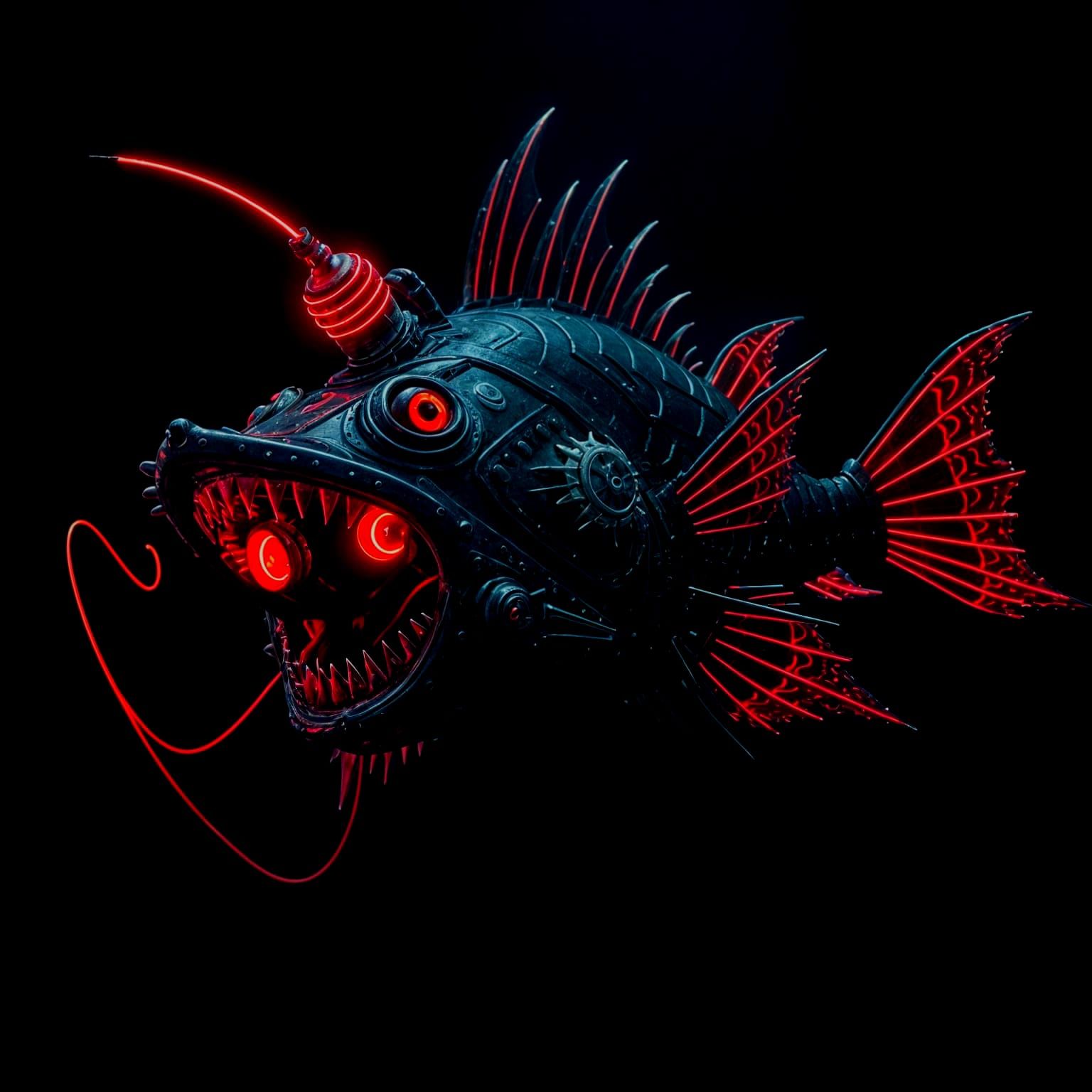Mechanized Anglerfish in Neon Retro Style