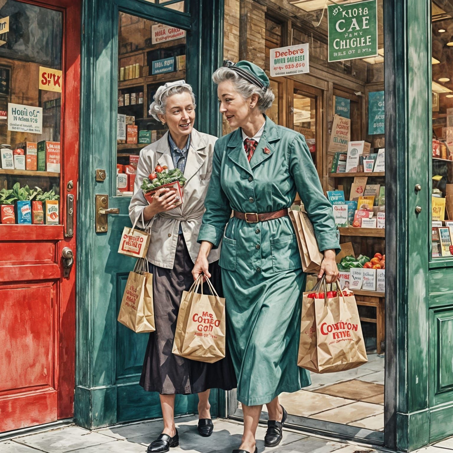 1950’s market matrons exiting storefront