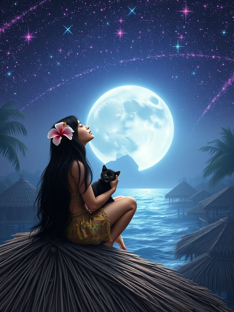 Samoan Teenager Enjoys Tropical Night on Fale Hut Roof