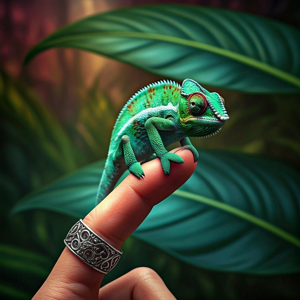 Miniature Iridescent Chameleon on Finger Tip