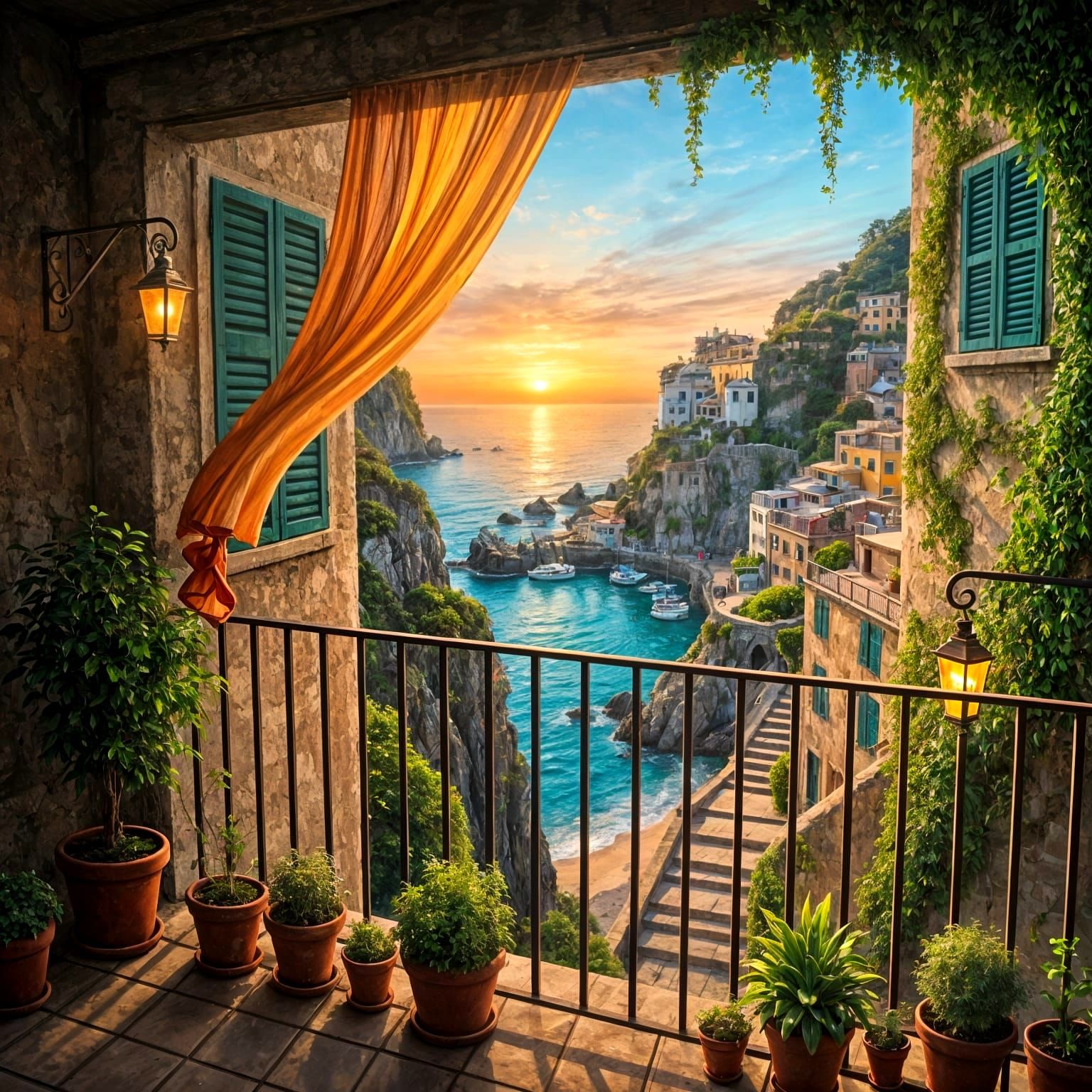 Coastal Town Sunset View from Balcony