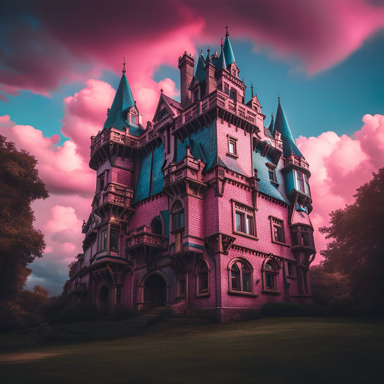 Hyperrealistic Castle Under Pink Clouds and Blue Orbs
