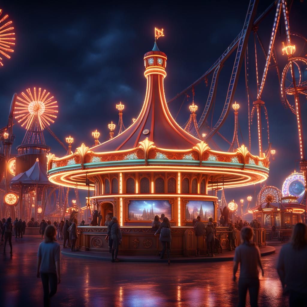Night Theme Park with Bright Lights, Detailed Matte Painting