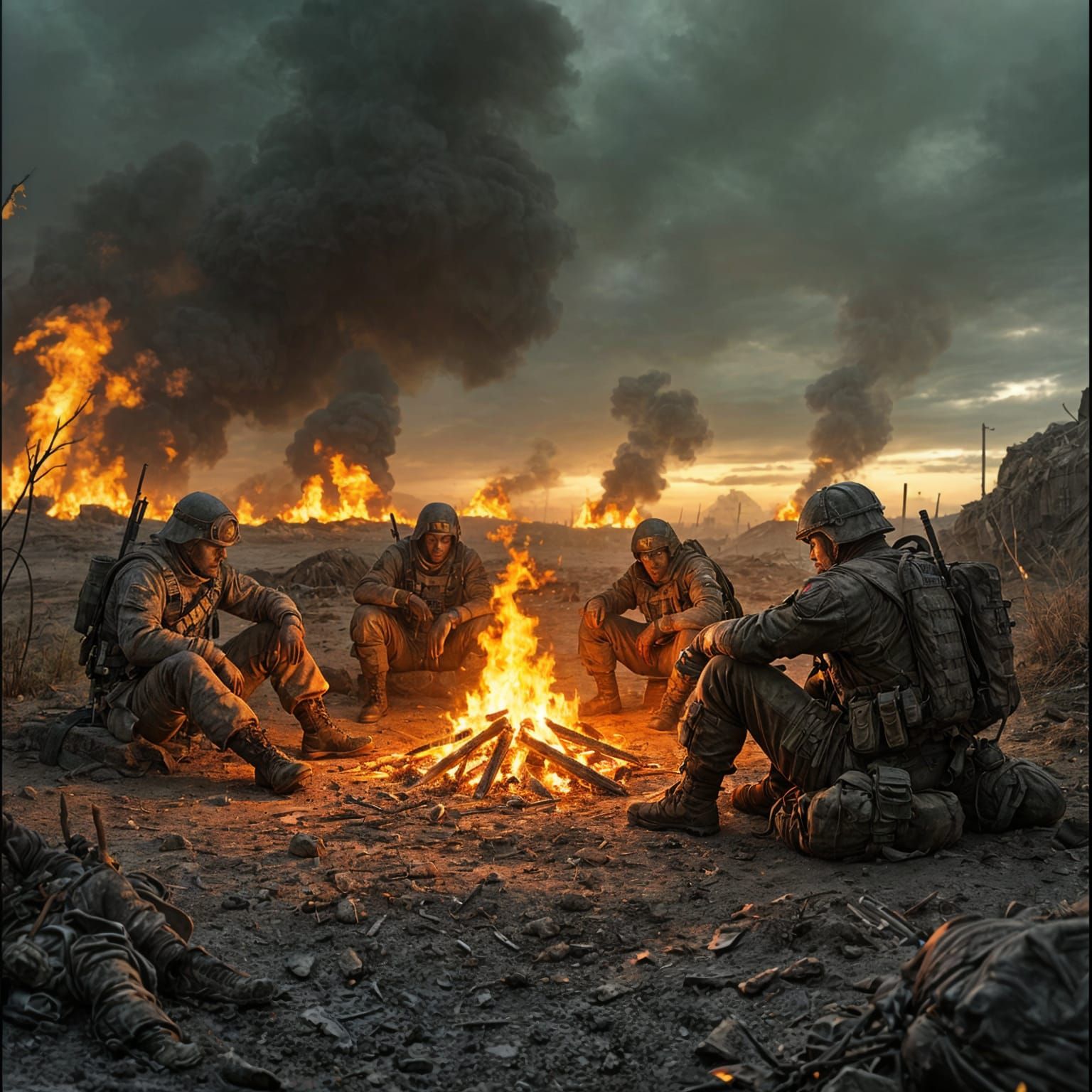 Dystopian Soldiers Gather Around Fire