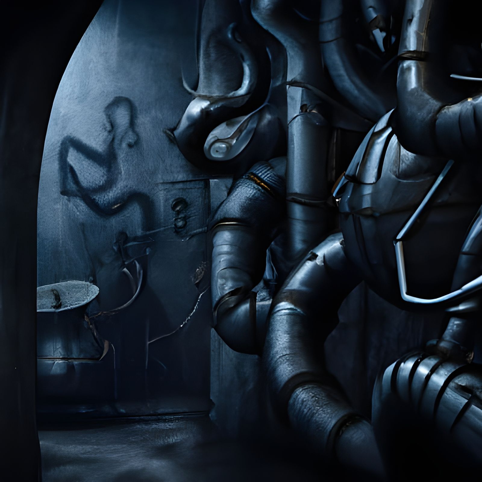 Eerie Hallway Corner with Intricate Pipes
