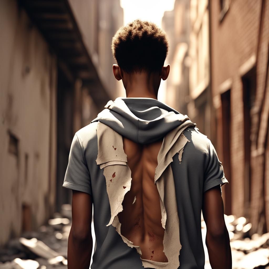 Boy with Bruises Walks Down Alley in 4K