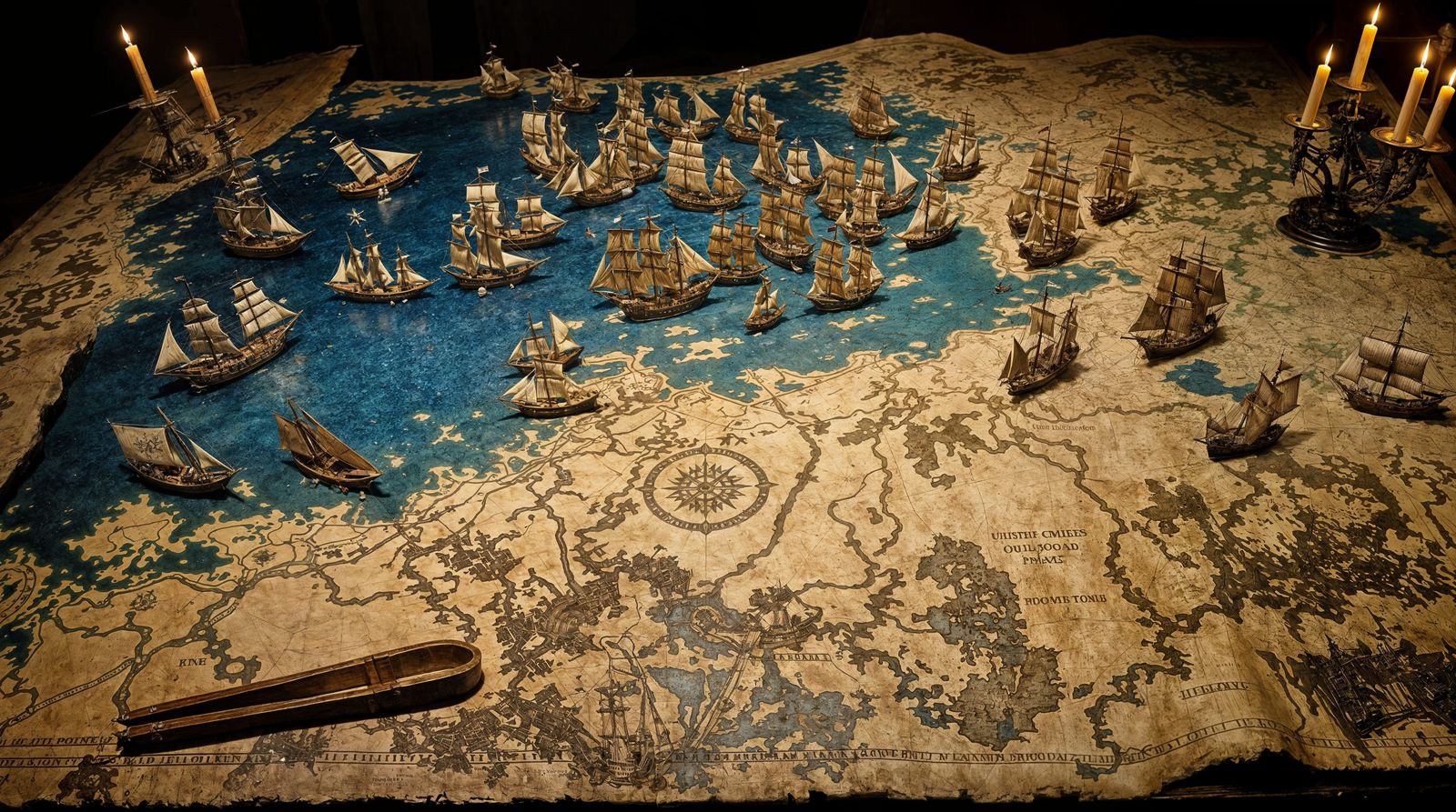 Miniature Pirate Ships on Leather Map in Majestic Setting