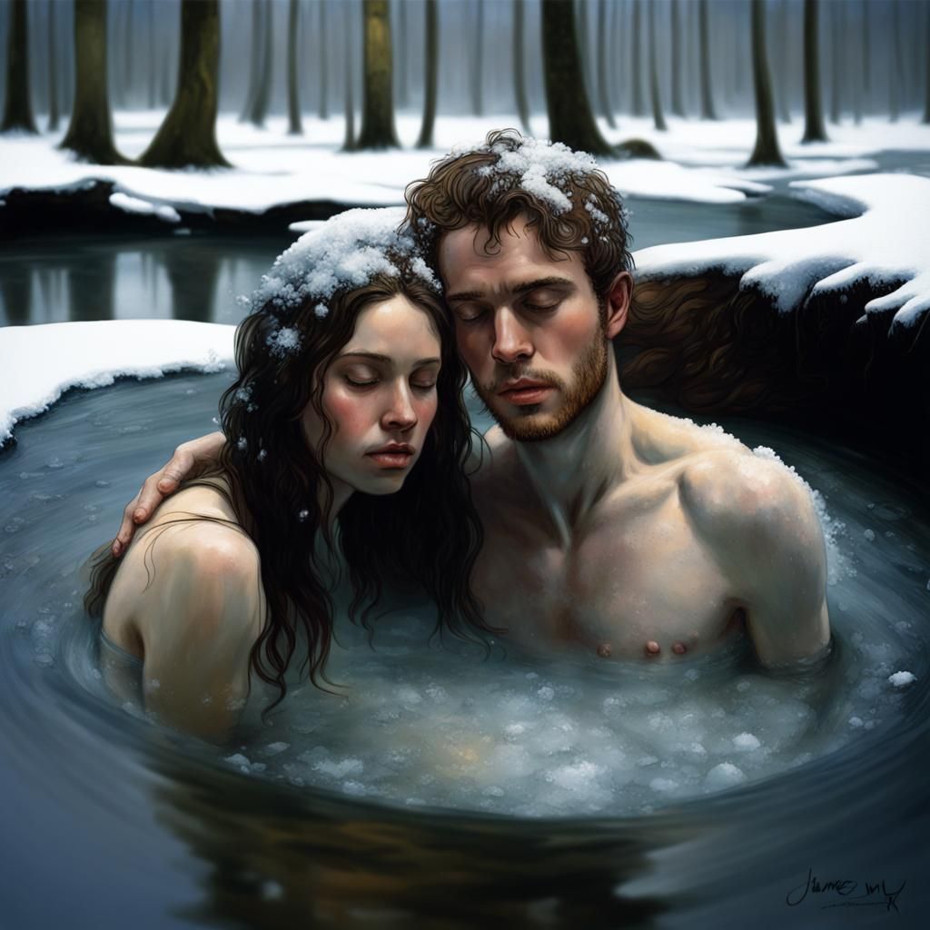 Meditating Couple in Winter Forest, Romantic Painting