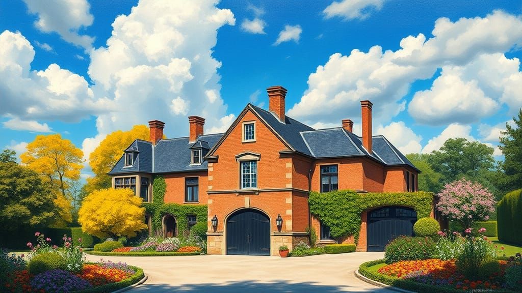 Grand Brick Chateau with Vibrant Garden in Painterly Style