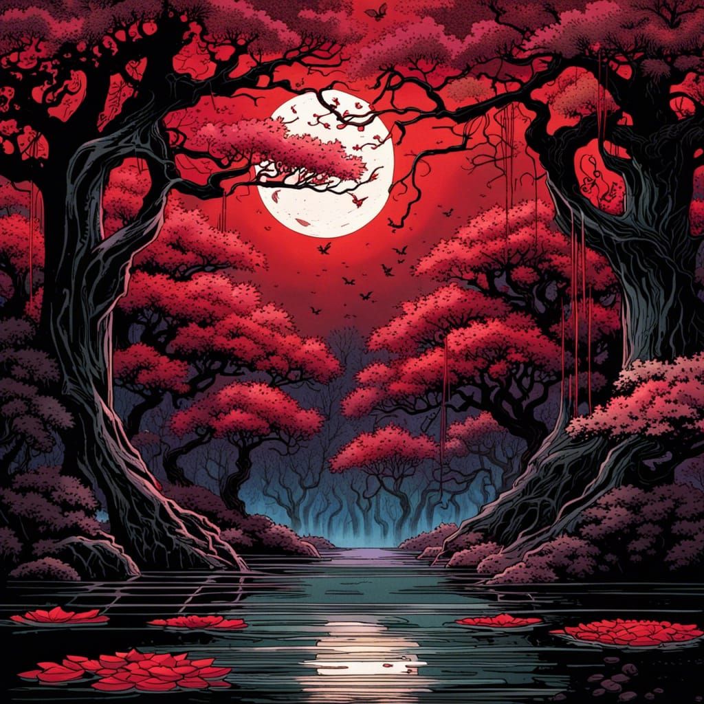 Gothic Fantasy Lake with Lotus and Crimson Leaves