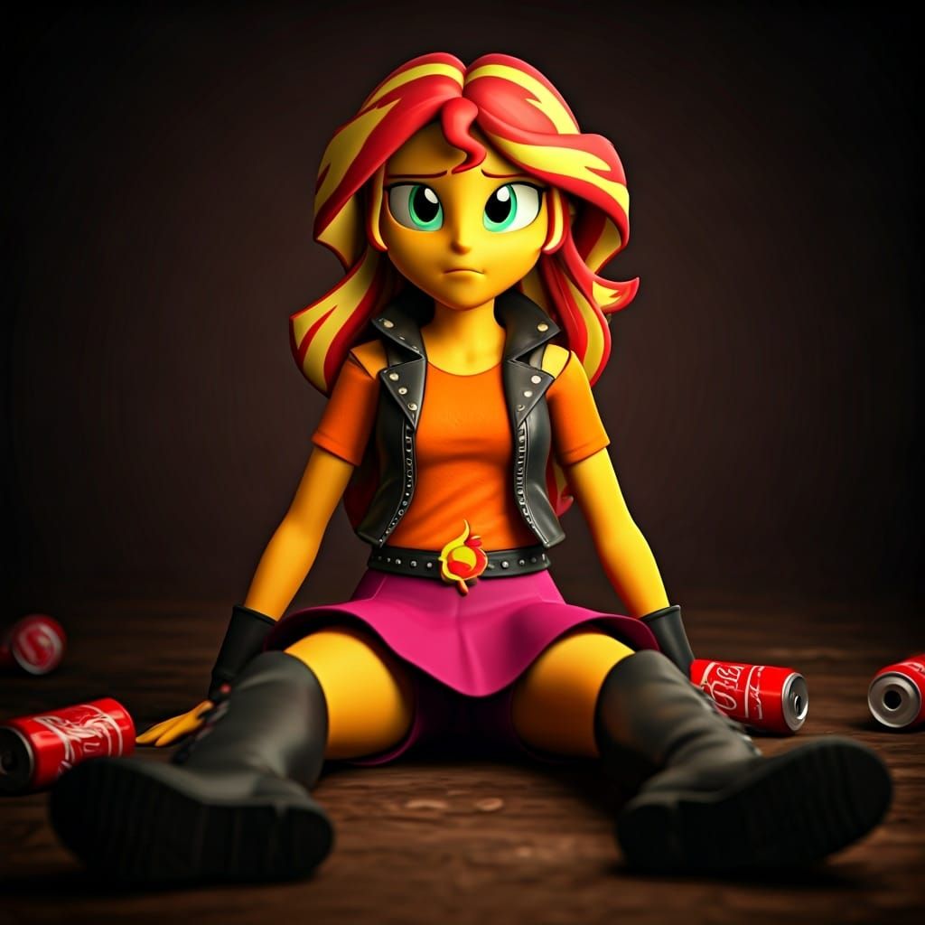 Hyperrealistic Sunset Shimmer Surrounded by Coca Cola
