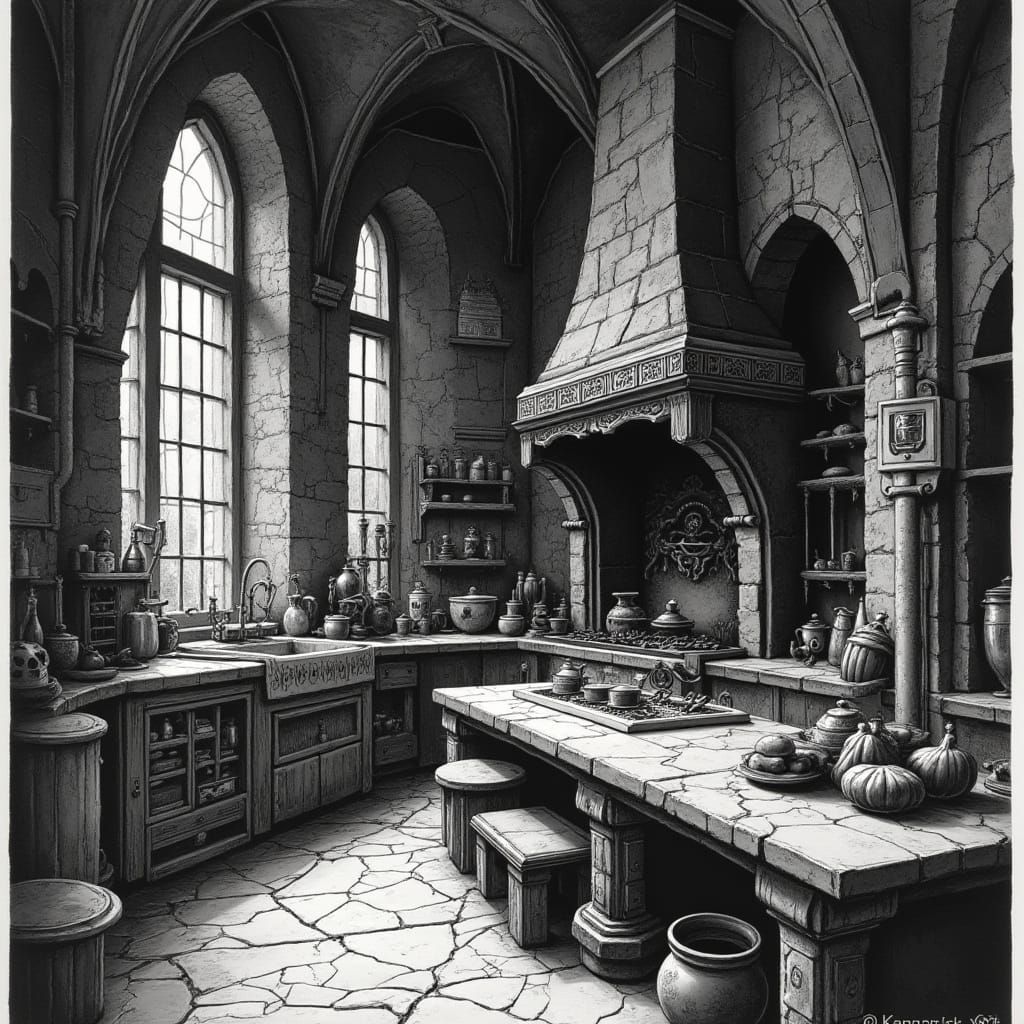 Medieval Kitchen Transformed by Linocut Magic in Monochrome