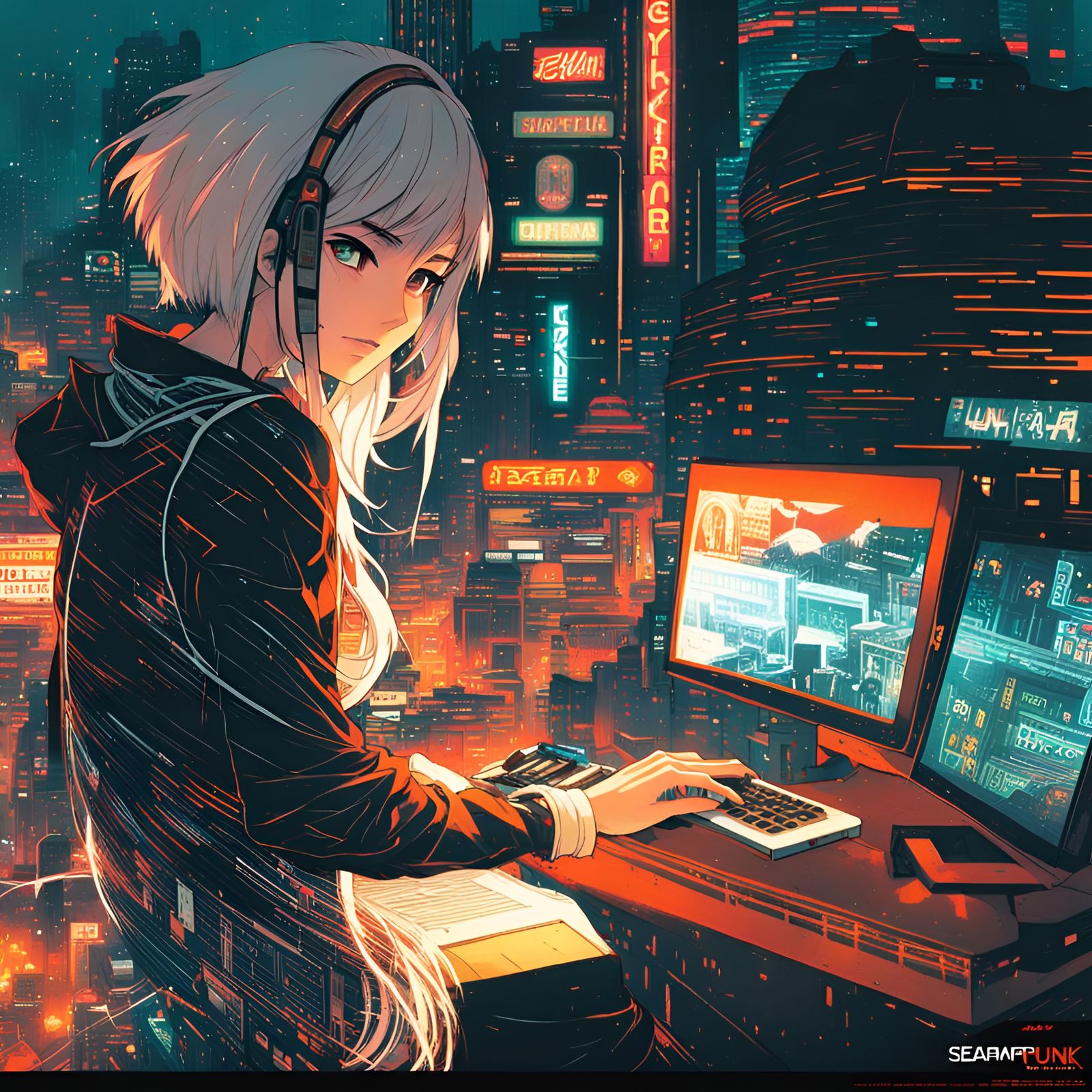 Cyberpunk Hacker in Anime Style with Intricate Code