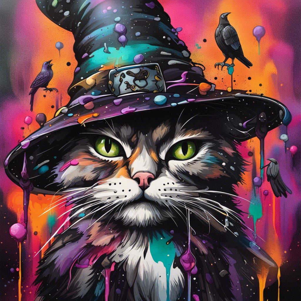Whimsical Witch Cat in Graffiti Art Style