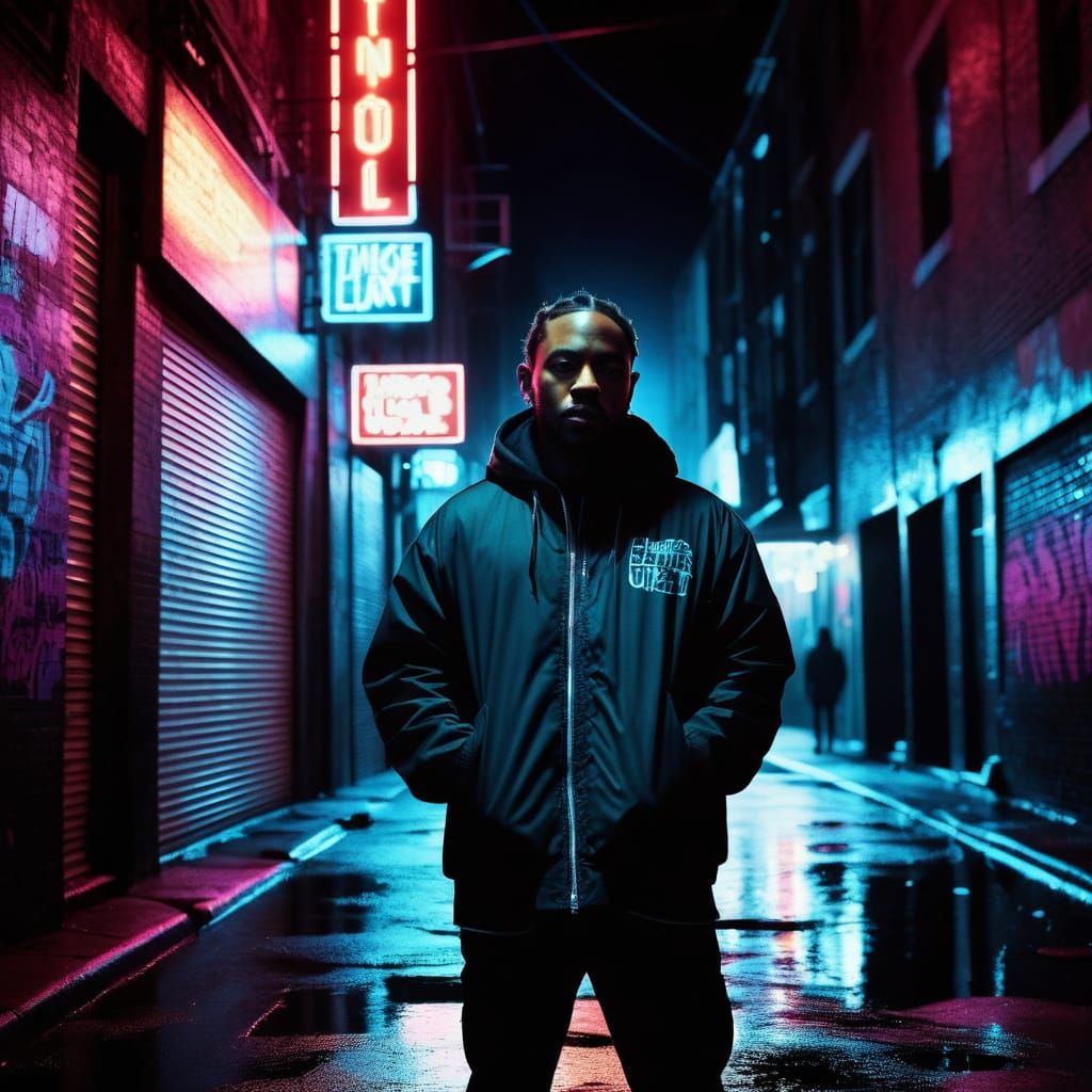 Kendrick Lamar Standing in Neon Lit Alleyway