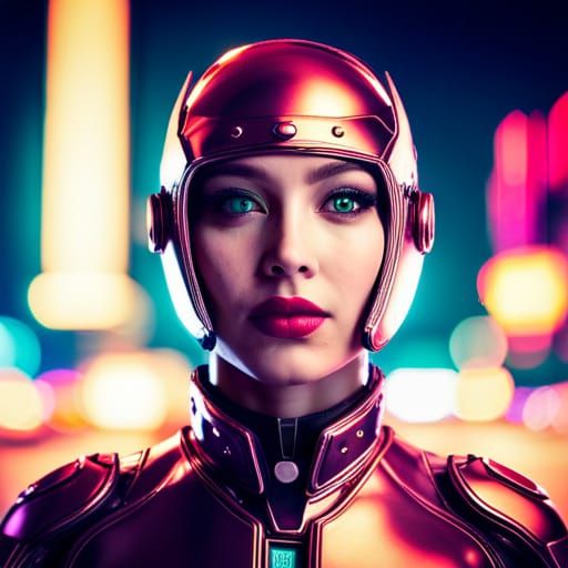 Cyborg Girl in Neon City, Hyperrealistic Portrait