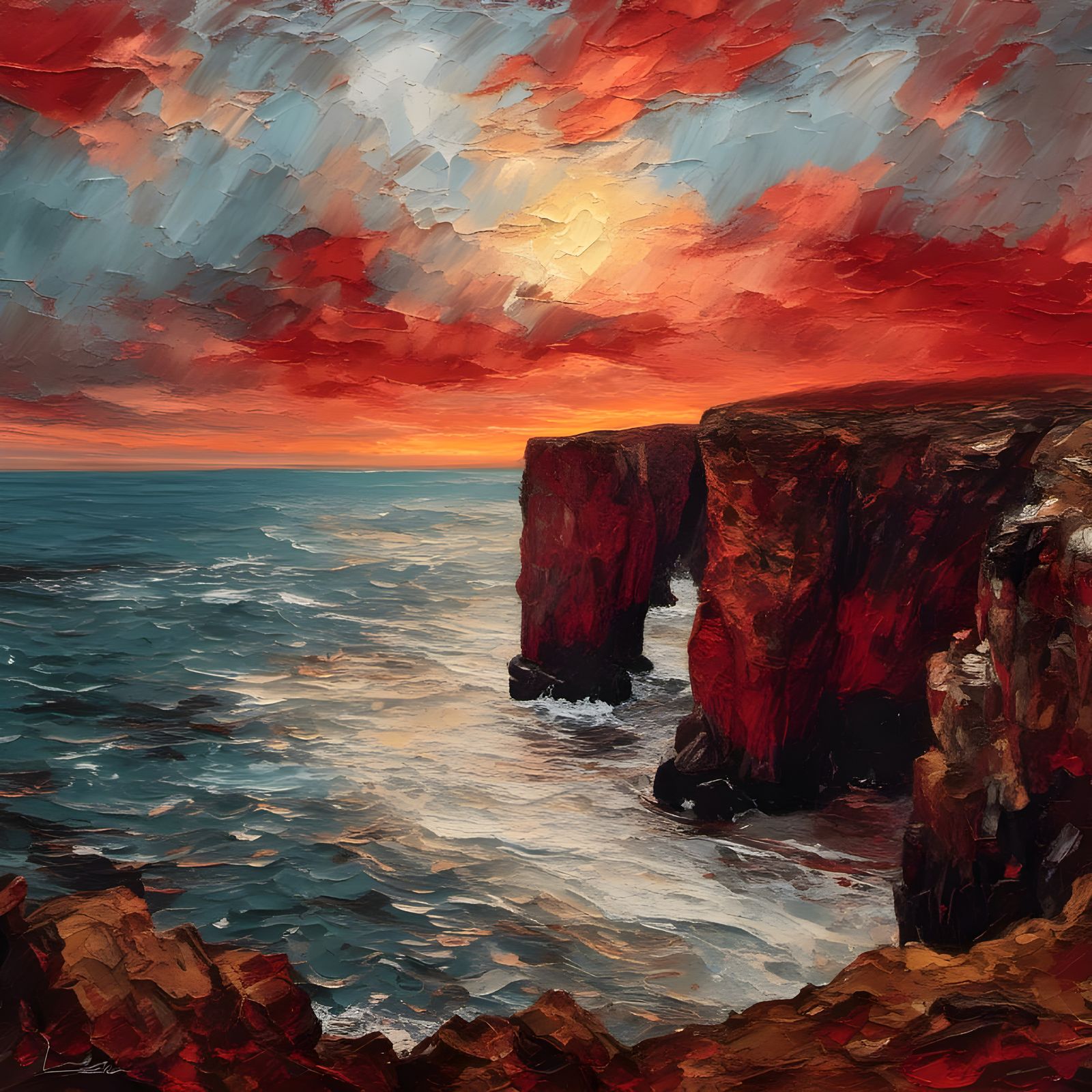 Cliffs at Sunset: Impasto Painting with Red Clouds