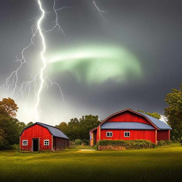Thunderstorm over a farmhouse on the plains