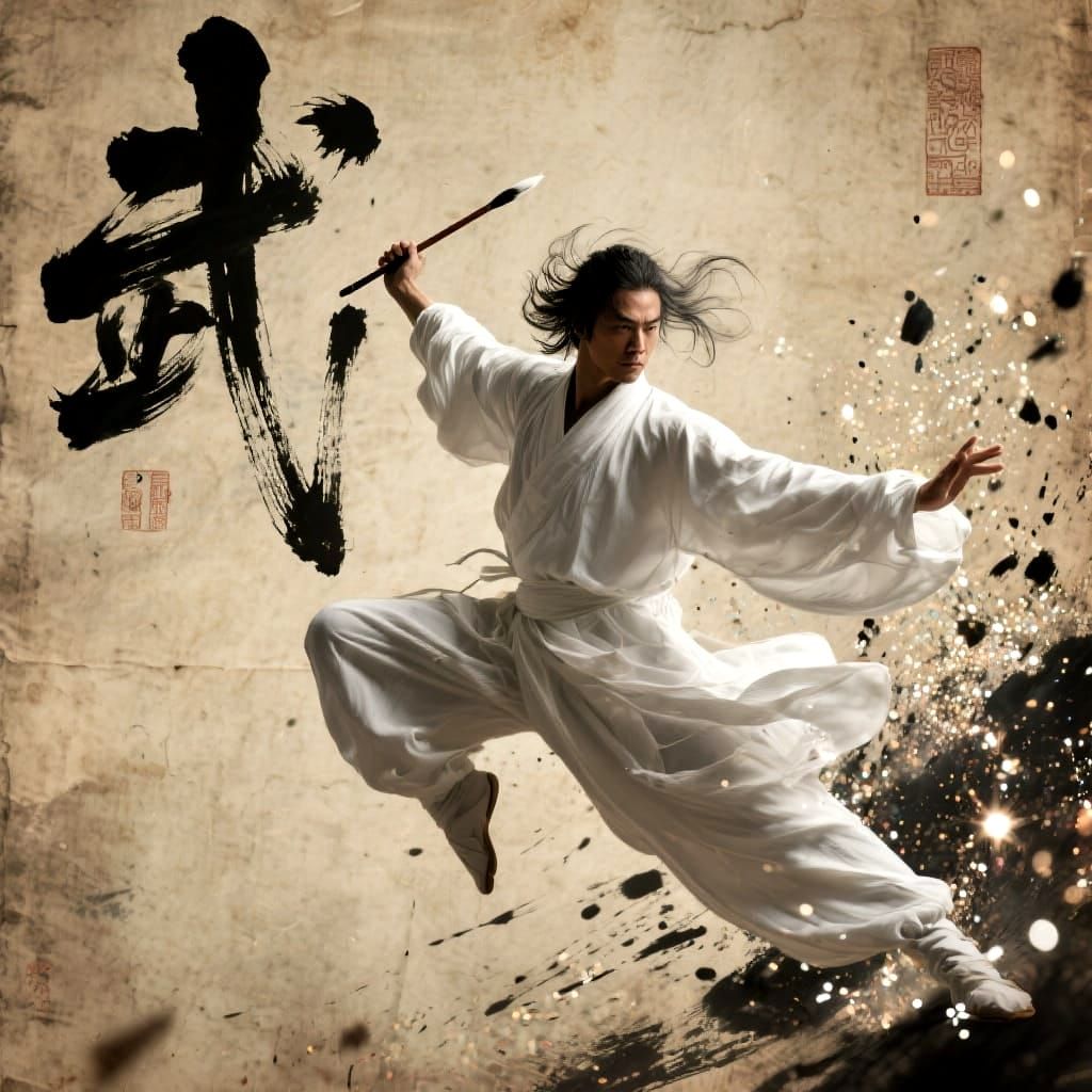 Martial Artist Painting Calligraphy in Midair, Noir Film Sty...