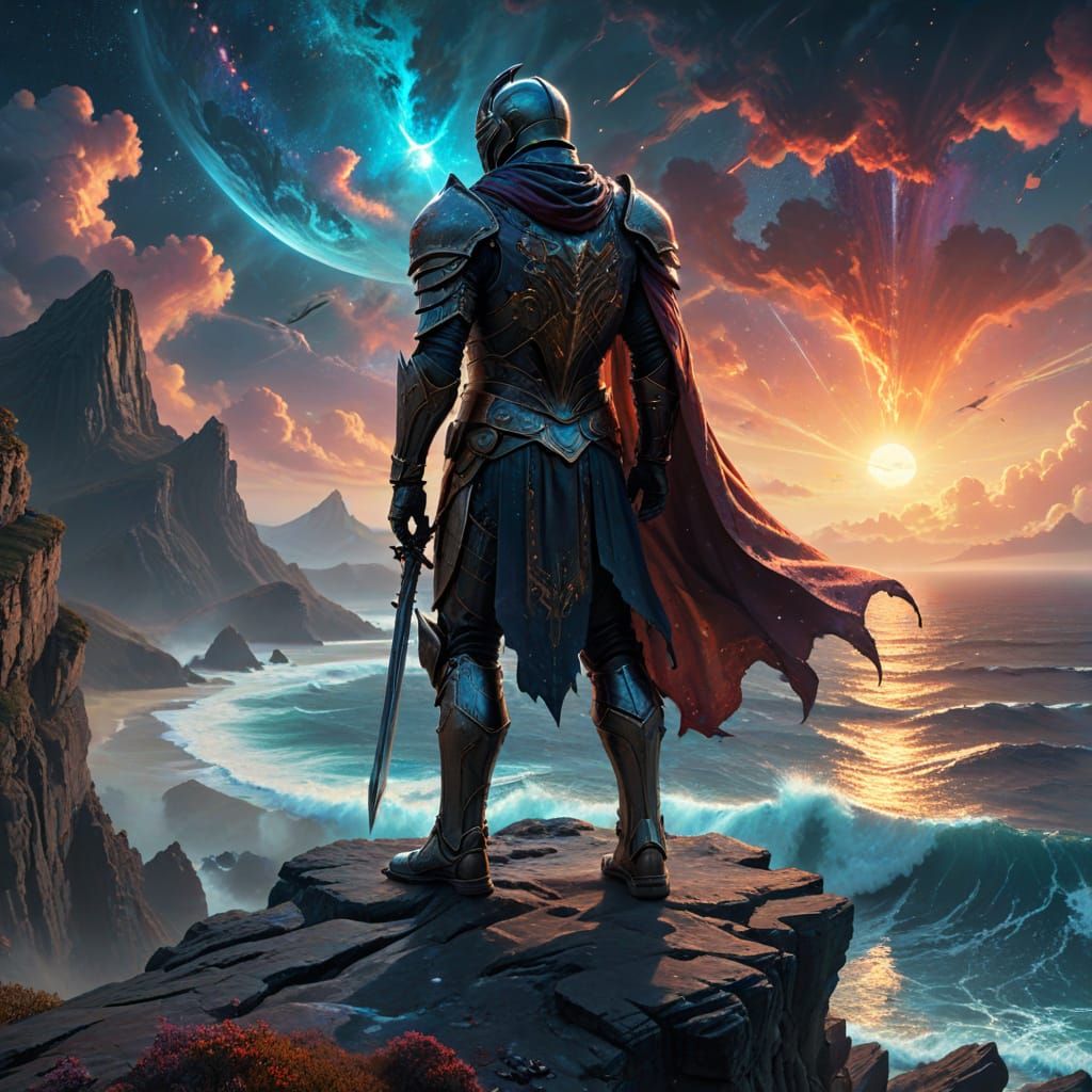 Lone Knight On Alien Cliff Overlooking Cosmic Ocean