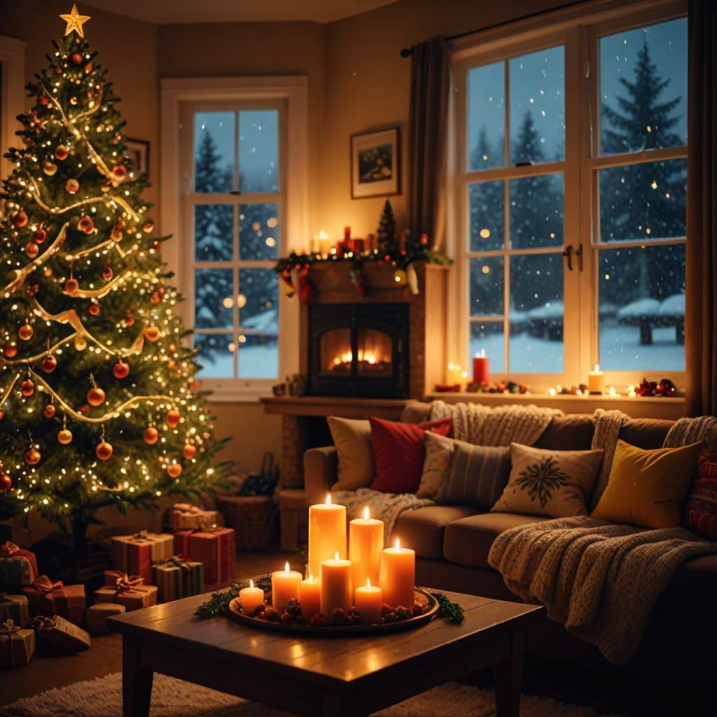Cozy Christmas Living Room Amidst Heavy Snowfall