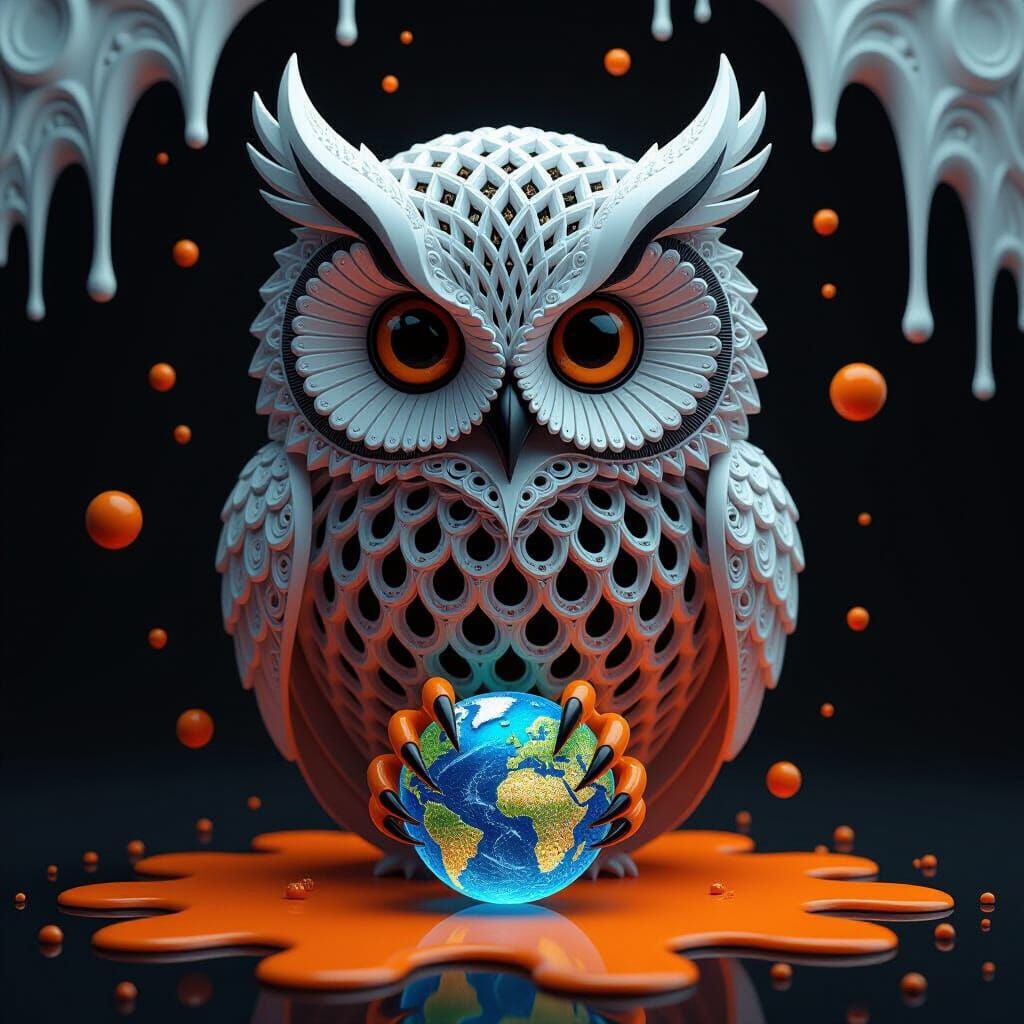 Intricate 3D Owl with Glowing Orb
