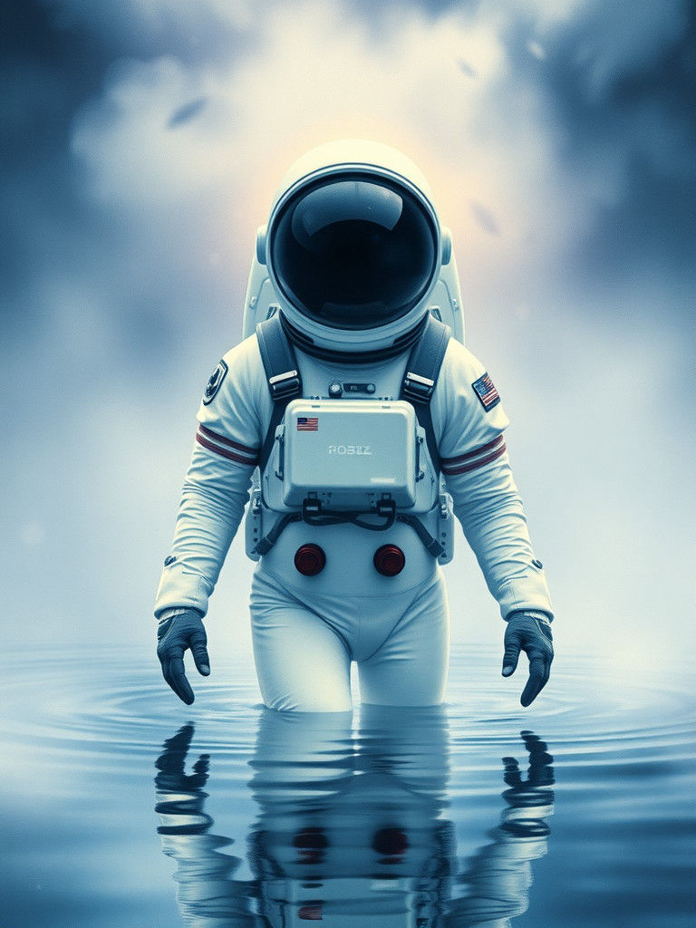 Astronaut Rises from Misty Lake in Romanticism Style