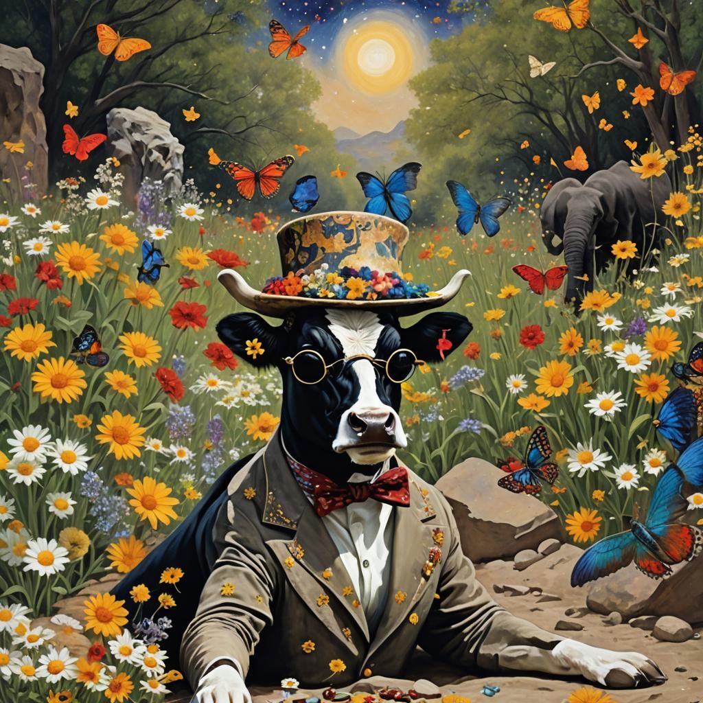 Surreal Cow in Daisy Field: A Colorful Splash Art Dream