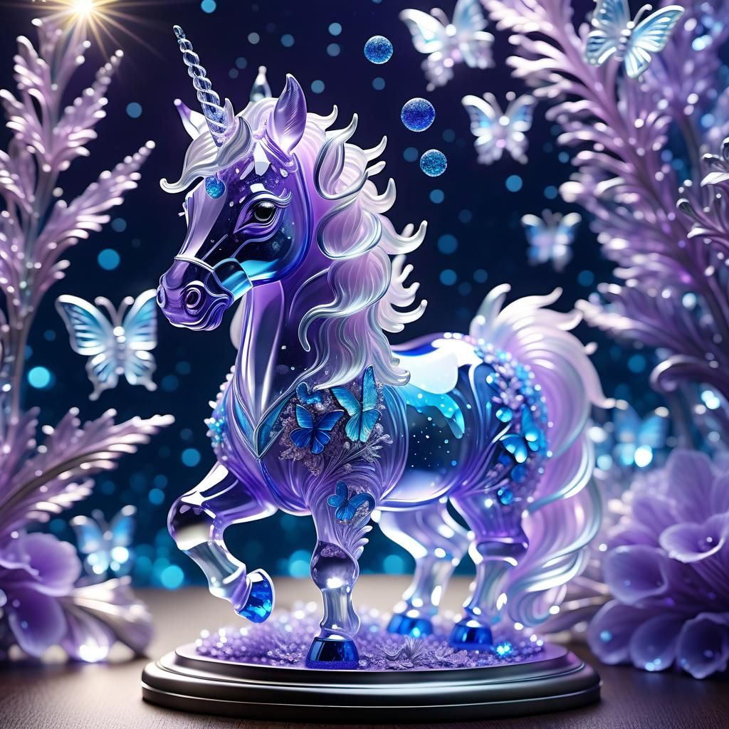 Luminous Crystal Unicorn with Bioluminescent Butterflies