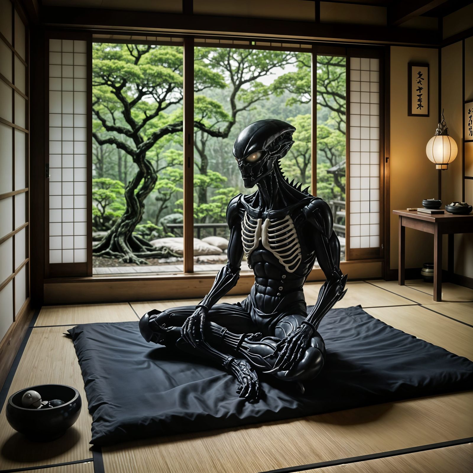 Alien Reclining Thoughtfully in Cozy Japanese Room