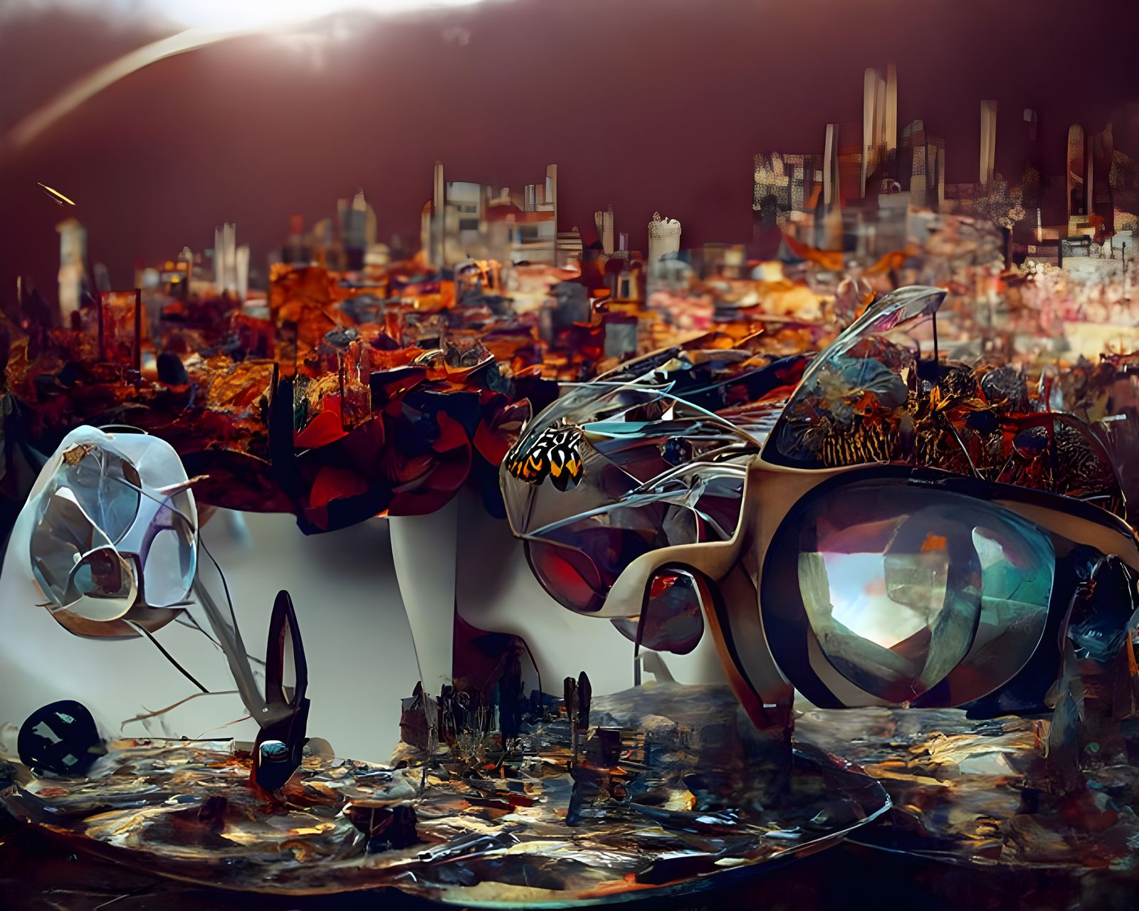 Woman in Futuristic City with Butterfly Drones as Pop Art