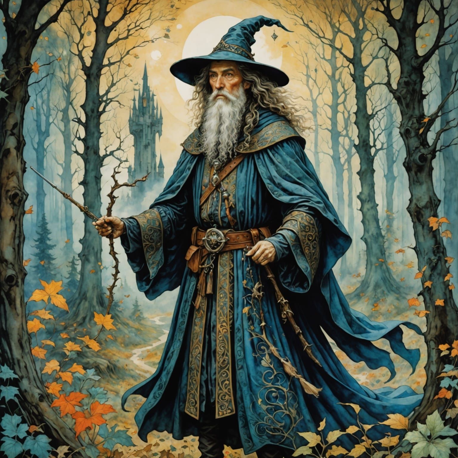 Colorful Medieval Wizard in Dreamlike Forest, Gouache Style